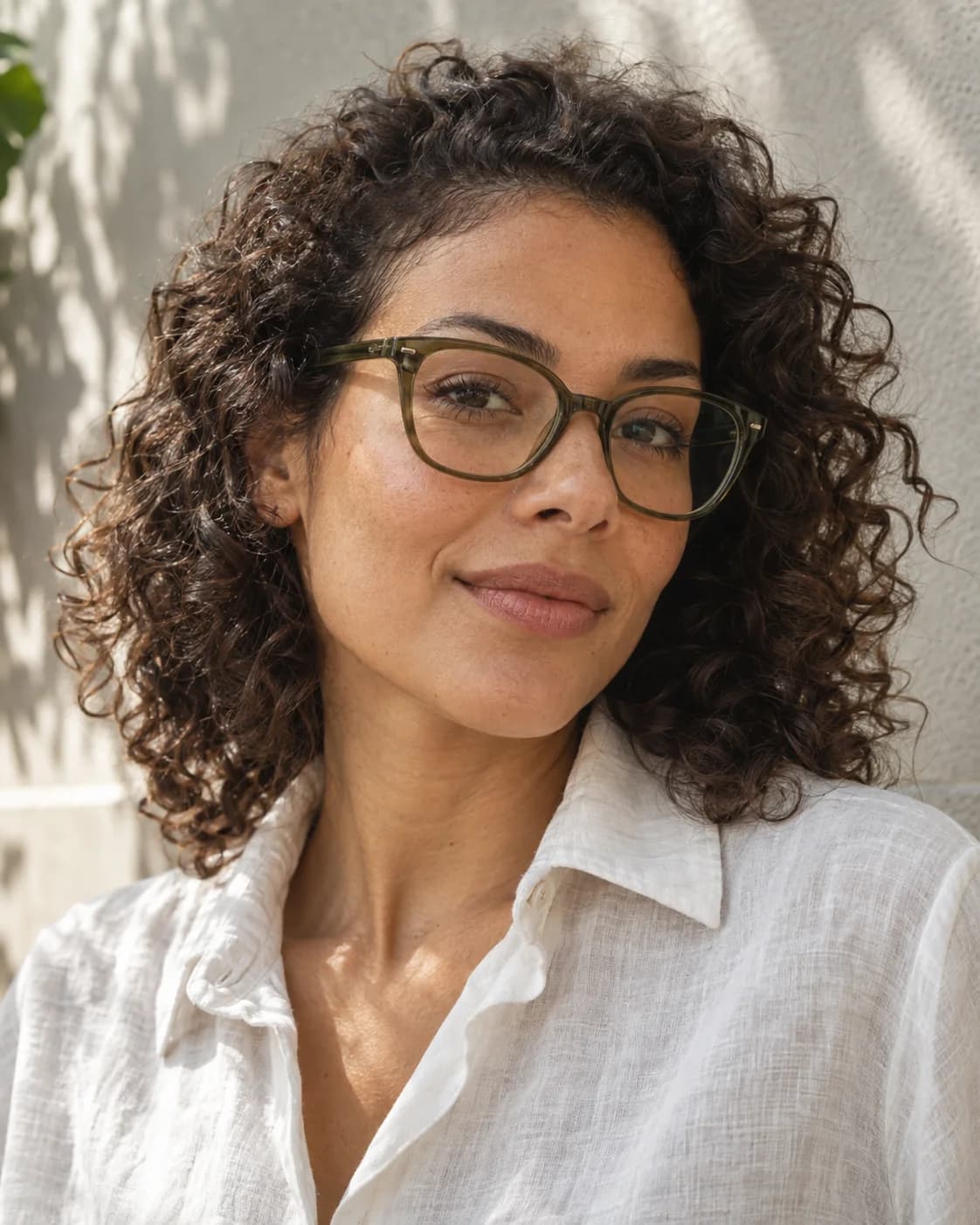 Mulher usando uma armação de óculos verde, com lentes transparentes