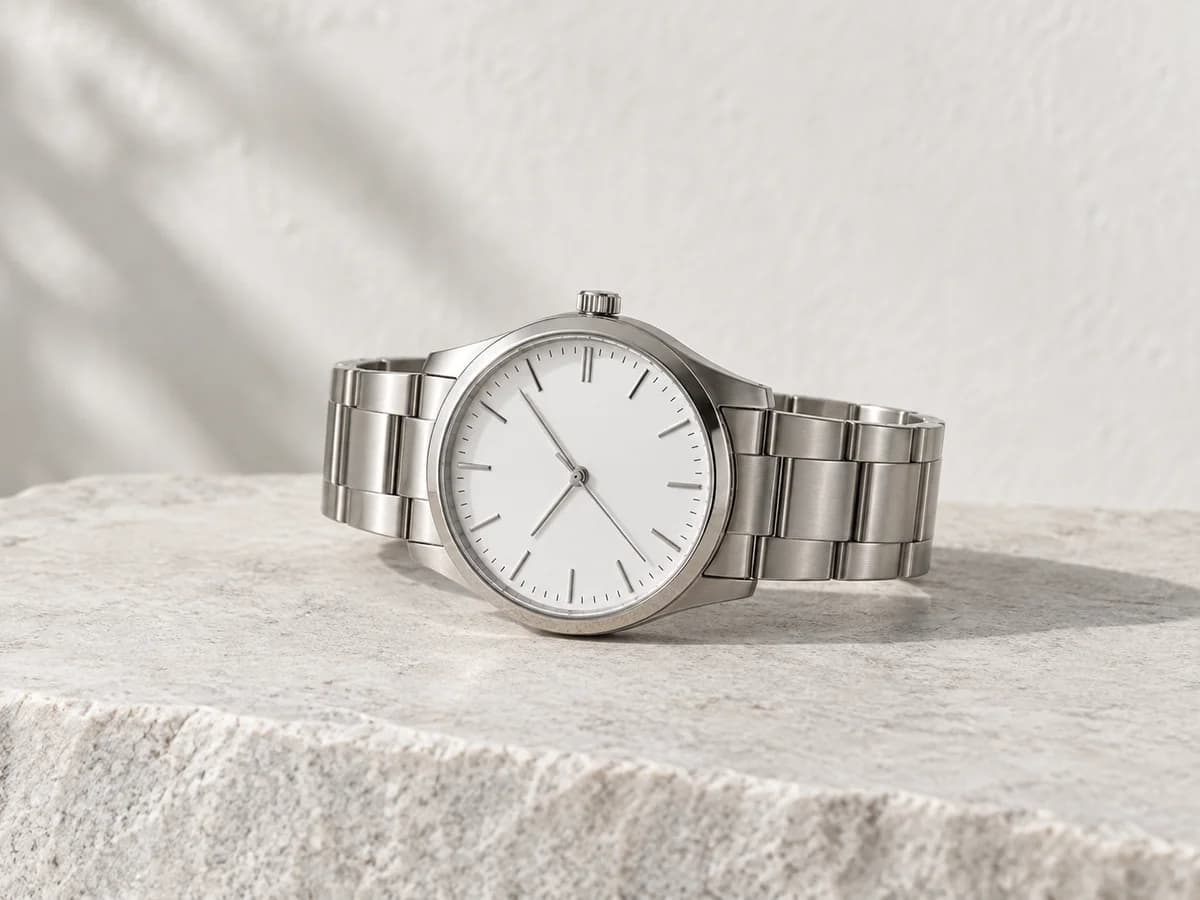 Relógio prateado com pulseira metálica e mostrador branco