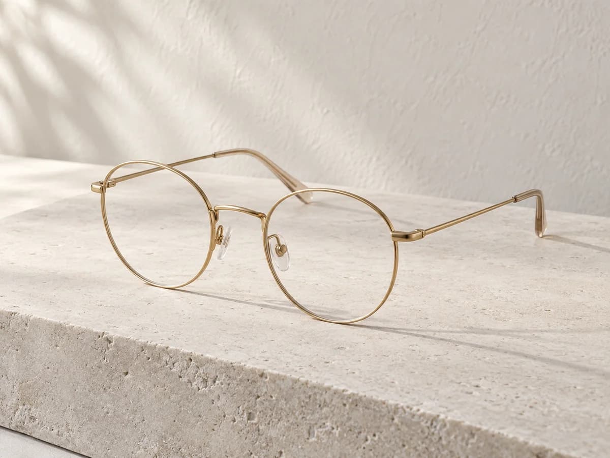Armação redonda dourada com lentes transparentes