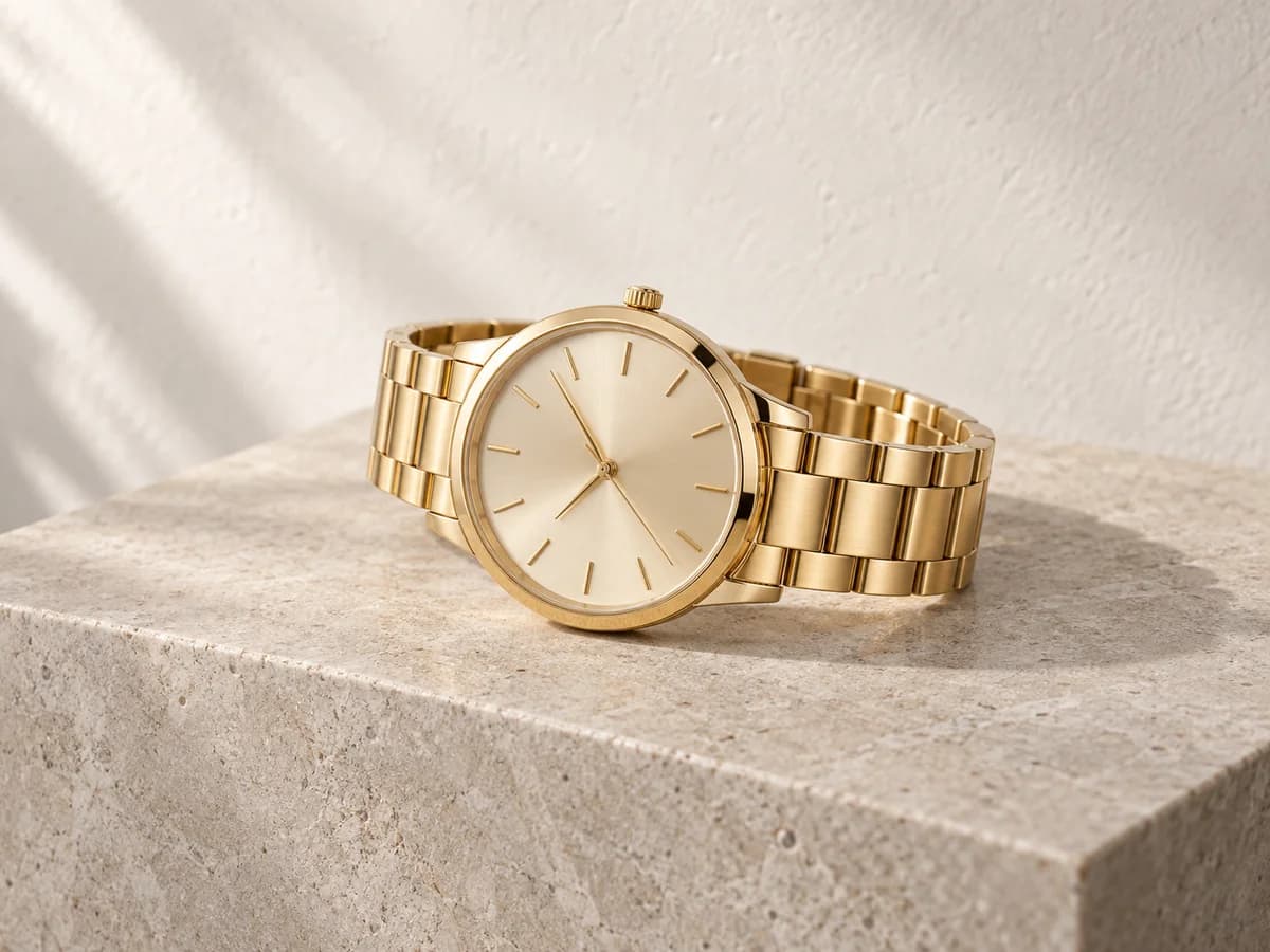 Relógio dourado com pulseira metálica e mostrador champanhe